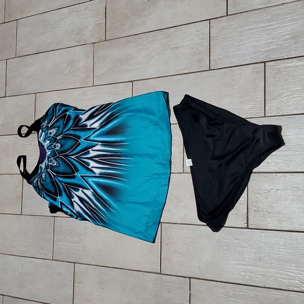 Denater 2XL Swim Dress with Black and White Medallions on Blue Background
